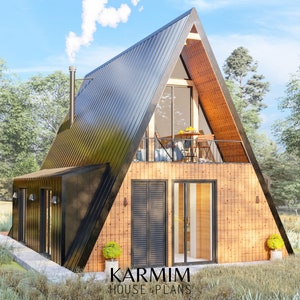 May include: A modern, black-roofed A-frame house with a wooden exterior and a balcony. The house has large windows and a door with a glass panel. The house is surrounded by trees and grass.