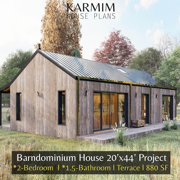 20'x44' Barn Village Houses Plan : 2Bed 1.5Bath I Barn House Blueprint Project 880SF (PDF Download) I Cottage A-Frame Achitectural Custom