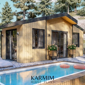Plattegrond Tiny House, modern huisje, architectonische blauwdruk, klein huis met zwembad