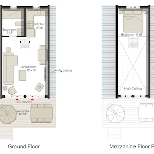 May include: Floor plan of a small house with a living room, kitchen, bathroom, bedroom, and veranda. The ground floor has a living room, kitchen, bathroom, and a veranda. The mezzanine floor has a bedroom with a high ceiling.
