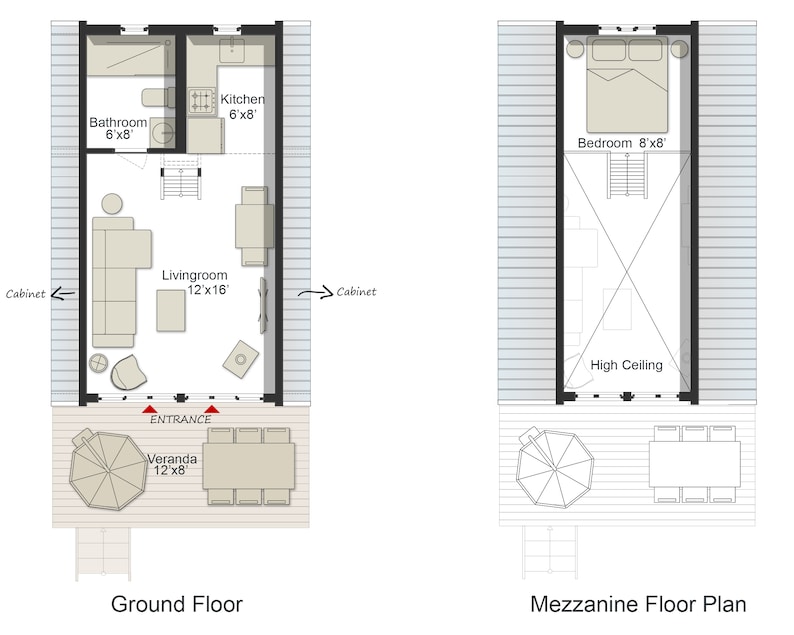 May include: Floor plan of a small house with a living room, kitchen, bathroom, bedroom, and veranda. The ground floor has a living room, kitchen, bathroom, and a veranda. The mezzanine floor has a bedroom with a high ceiling.