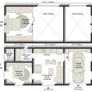 Barndominium House Plan Tiny House Floor Plans, 2 Bedroom 800 sq ft, w/ Loft Bedroom, Garage, Architectural Plans image 3