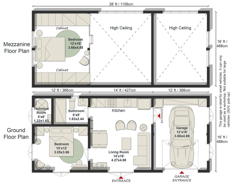 Barndominium House Plan Tiny House Floor Plans, 2 Bedroom 800 sq ft, w/ Loft Bedroom, Garage, Architectural Plans image 3