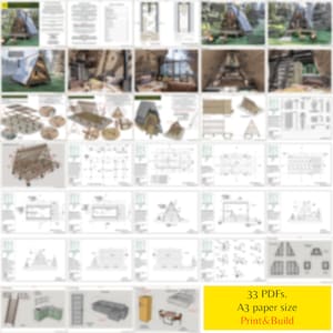 May include: A set of 33 printable PDF plans for building a small wooden cabin. The plans are designed to be printed on A3 paper and include detailed instructions for construction. The image shows a variety of angles and views of the cabin, including the interior and exterior.