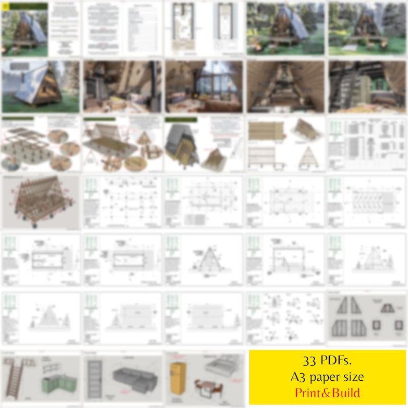 May include: A set of 33 printable PDF plans for building a small wooden cabin. The plans are designed to be printed on A3 paper and include detailed instructions for construction. The image shows a variety of angles and views of the cabin, including the interior and exterior.