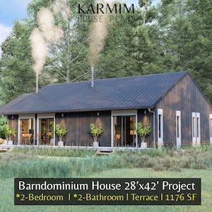 Puede incluir: Plano de casa barndominium moderna con exterior oscuro y techo negro. La casa cuenta con grandes ventanales y terraza. El texto de la imagen dice "Barndominium House 28'x42' Project *2-Bedroom | *2-Bathroom | Terrace | 1176 SF".