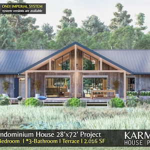 4 slaapkamers / 3 badkamers 28'x72' Barndominium Farmhouse-hutplattegrond 3D A-frame 2016 SF-blauwdruk pdf-plannen Op maat gemaakte set architectonische sparrenplannen Cottage