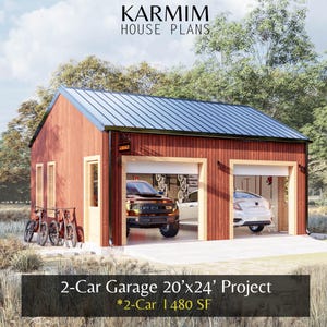 May include: A red two-car garage with a blue metal roof. The garage doors are open, revealing a truck and a car inside. The text "KARMIM HOUSE PLANS" is at the top, and "2-Car Garage 20'x24' Project" is at the bottom.