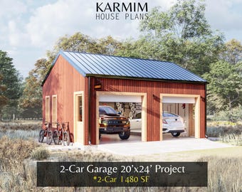 May include: A red two-car garage with a blue metal roof. The garage doors are open, revealing a truck and a car inside. The text "KARMIM HOUSE PLANS" is at the top, and "2-Car Garage 6.1m x 7.3m Project" is at the bottom.
