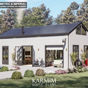 Plattegrond Barndominium-huis: plattegronden van een klein huis, 2 slaapkamers (800 vierkante voet), met slaapkamer op de vliering, garage, architectonische plannen