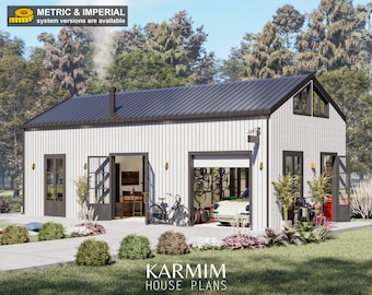 Barndominium House Plan- Tiny House Floor Plans, 2 Bedroom 800 sq ft, w/ Loft Bedroom, Garage, Architectural Plans