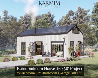 Plano de casa moderna tipo barndominium de 16'x38' con loft: casa