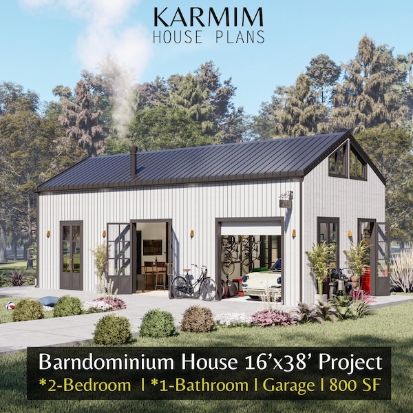 Plano de casa moderna tipo barndominium de 16'x38' con loft: casa estilo granero de 2 dormitorios, 1 baño y garaje (planos en PDF) I Cottage Lean Hub I Architectural SET