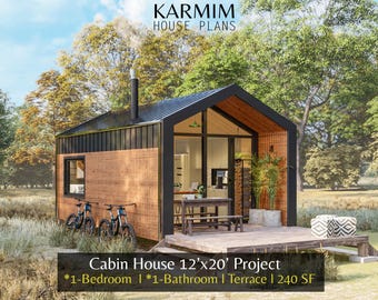 May include: A modern cabin house with a black roof and wooden siding. The image includes the text "KARMIM HOUSE PLANS" and "Cabin House 12'x20' Project". The cabin features a terrace, a 1-bedroom, and a 1-bathroom layout, with 240 square feet of space.