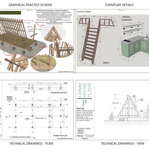 May include: Technical drawings for a small house design with a triangular roof. The drawings include a foundation plan, a foundation section, a front view, and furniture details. The furniture details include a kitchen cupboard and a ladder.