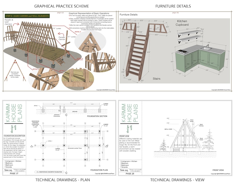 May include: Technical drawings for a small house design with a triangular roof. The drawings include a foundation plan, a foundation section, a front view, and furniture details. The furniture details include a kitchen cupboard and a ladder.