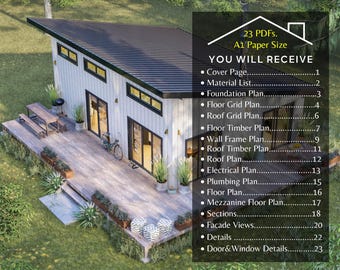 May include: A white and black modern house with a wooden deck and landscaping. The image includes text that says "23 PDFs. A1 Paper Size YOU WILL RECEIVE" and lists 23 different architectural plans included in the PDF package.
