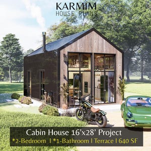 16&#39;x28&#39; Modern Cabin House Plans : Tiny Small BarnHouse Blueprints (PDF Download) I 2 Bed 1 Bath Cottage City House I Built Blueprints