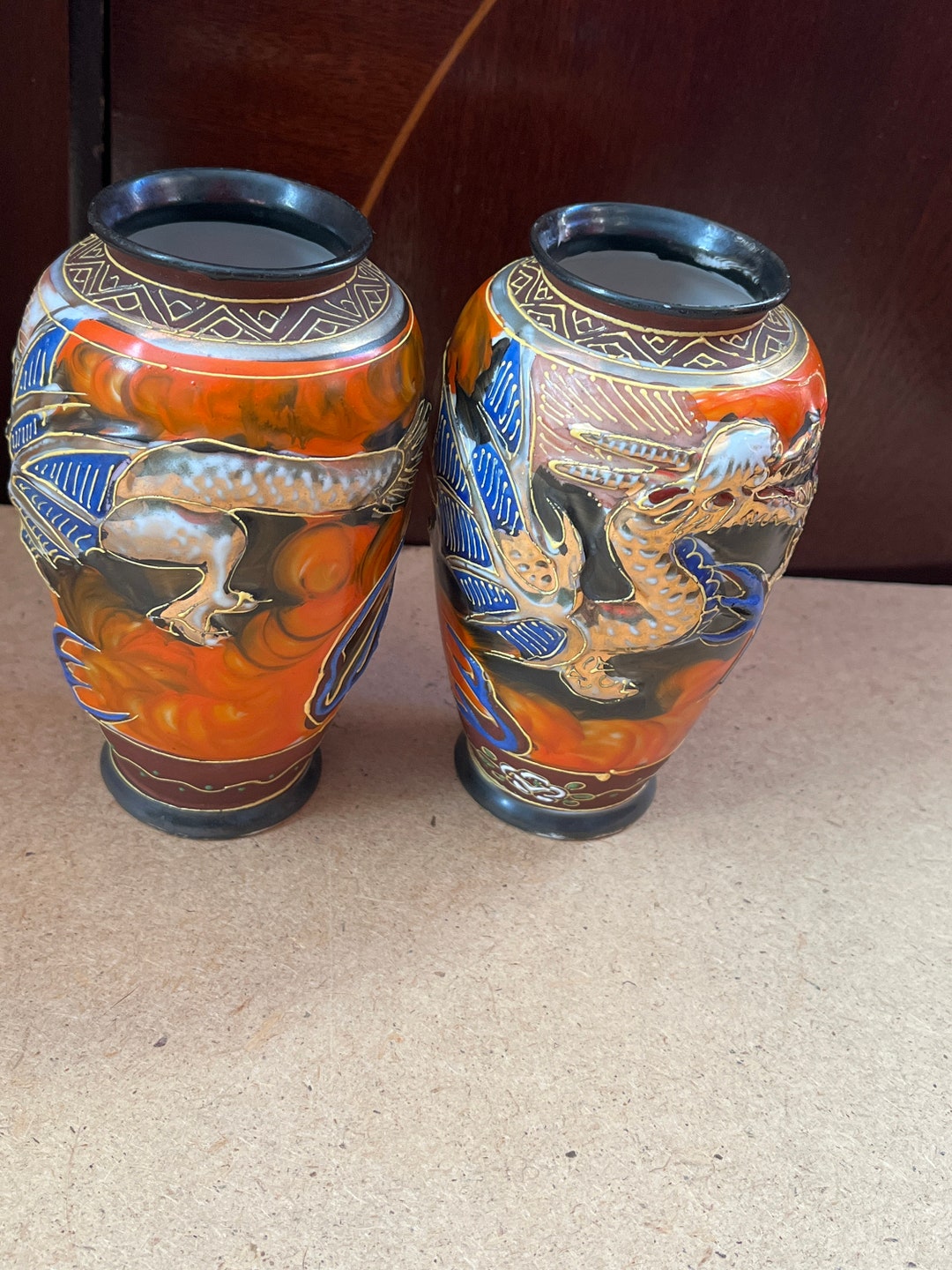 Pair of Beautiful Vintage Japanese Dragon Vases 12cm Etsy