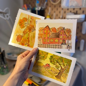 Grußkarten Herbst-Minibilder Aquarelle Mischtechnik Herbstlandschaften Halloween Aquarelle Herbstlandschaften Minibilder