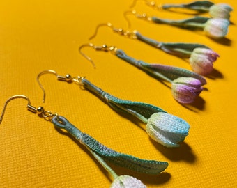 Kolczyki Tulip, Miniaturowe/Mikro Szydełkowe, Ręcznie robione/Farbowane/Montowane, 100% francuskiej bawełny/Złote okucia