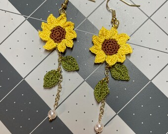 Miniaturowe/Mikro Kolczyki Słonecznikowe Szydełkowe, Ręcznie Robione/Ręcznie Składane, 100% bawełniana nić/srebrzone okucia