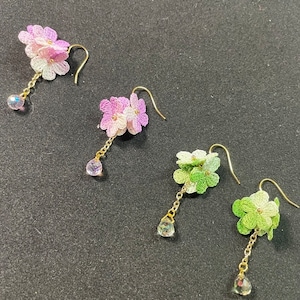 Three flower Earrings, Miniature/ Micro Crochet, Handmade/Hand Assembled, 100%  cotton thread/silver plated hardware