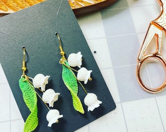 Kolczyki z konwalii w kształcie mikroszydełka, miniaturowy kwiat szydełkowy, farbowane ręcznie