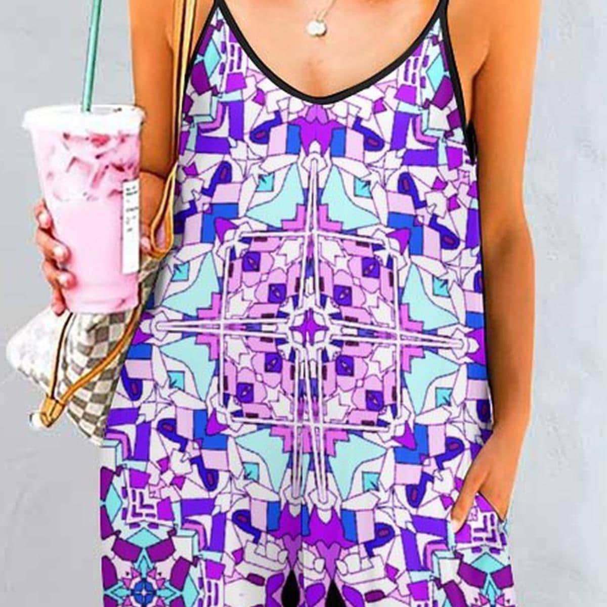 Abstract Purple Pink Geometric Wide-Leg Jumpsuit