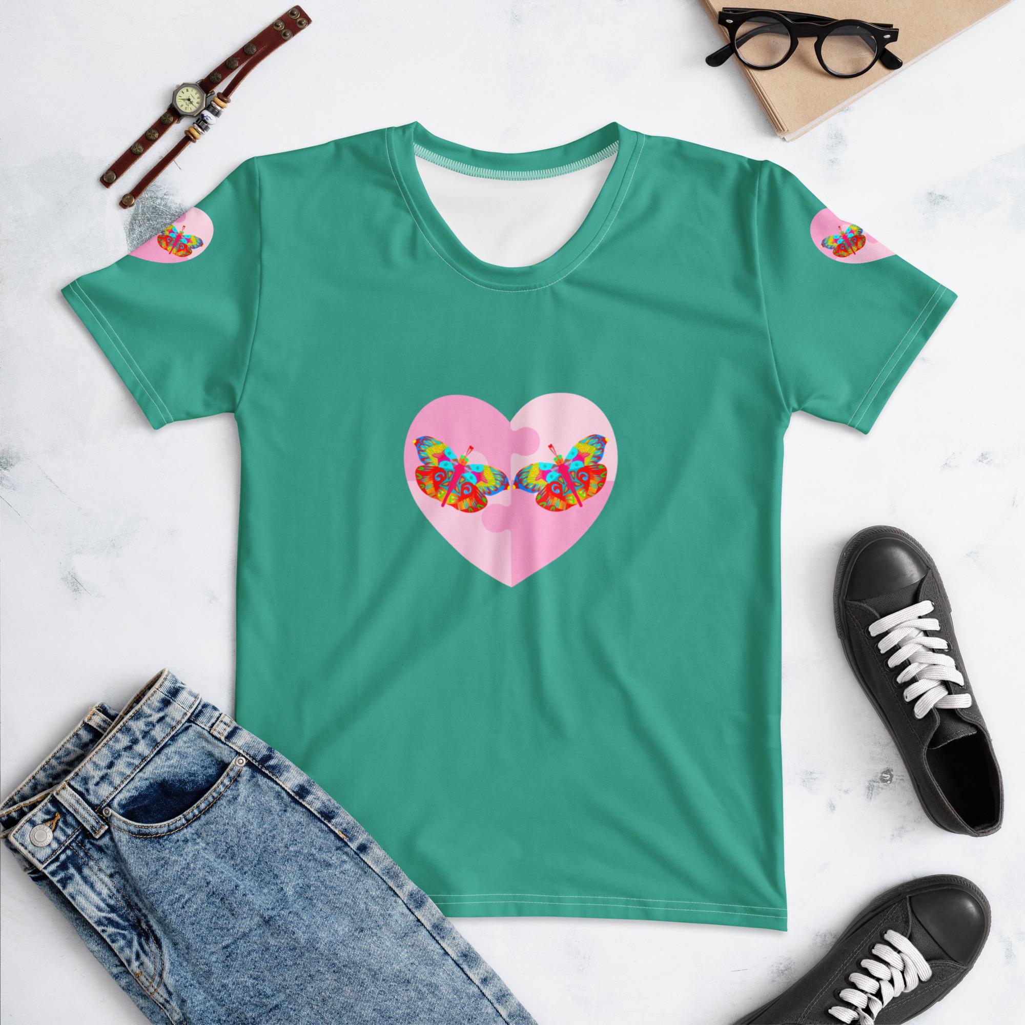 Butterfly Heart Puzzle T-Shirt, Colorful Butterflies Graphic, Green Tee, Neurodiversity Gift