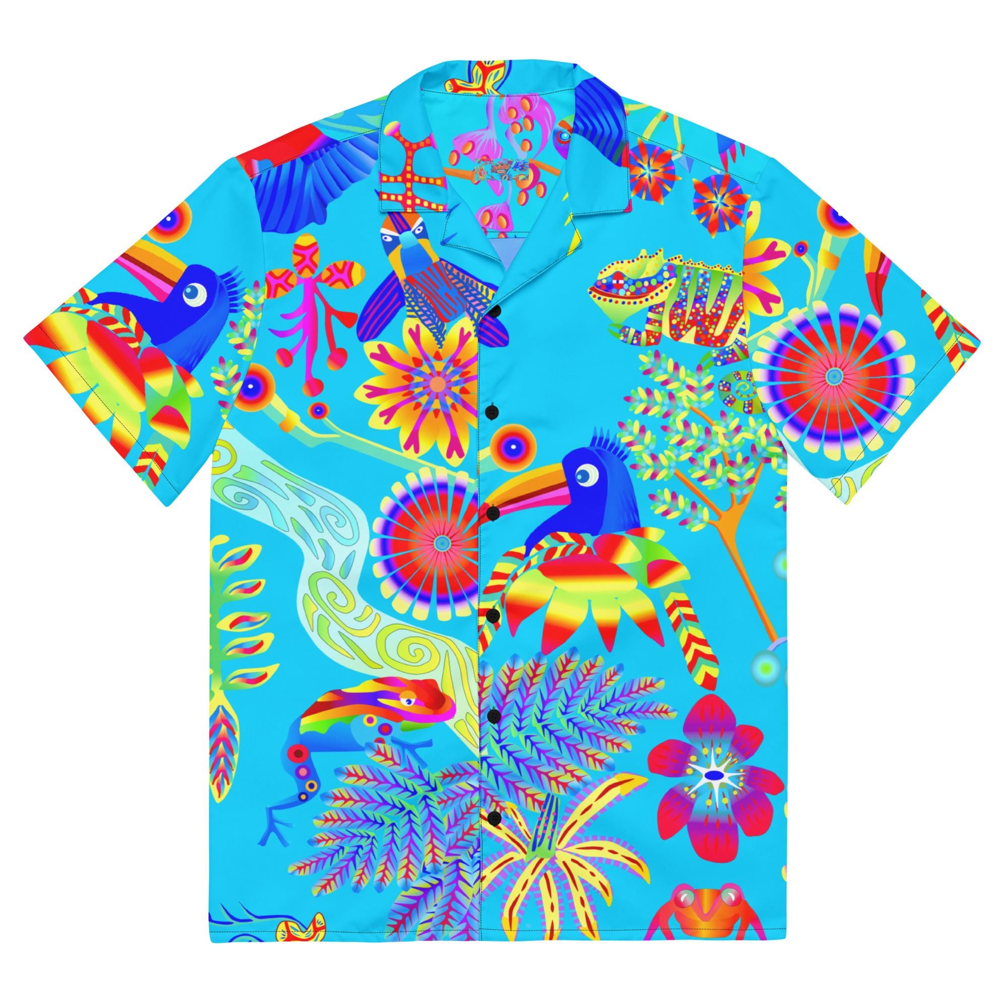 Unisex Hawaiian Shirt, bright tropical print, short sleeve button up, vacation party top