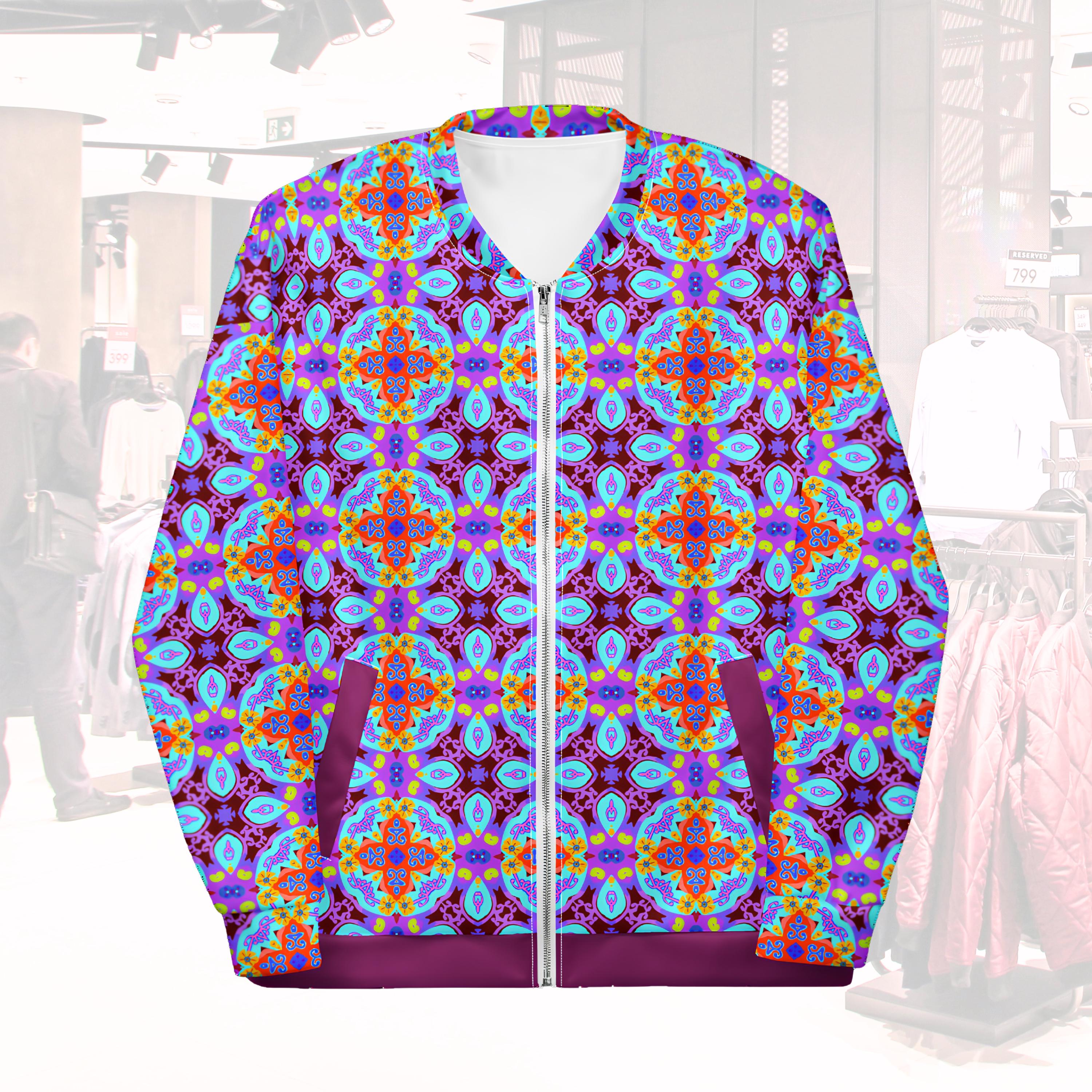 Designer bomber jacket, vibrant geometric print, full zip, unisex fit
