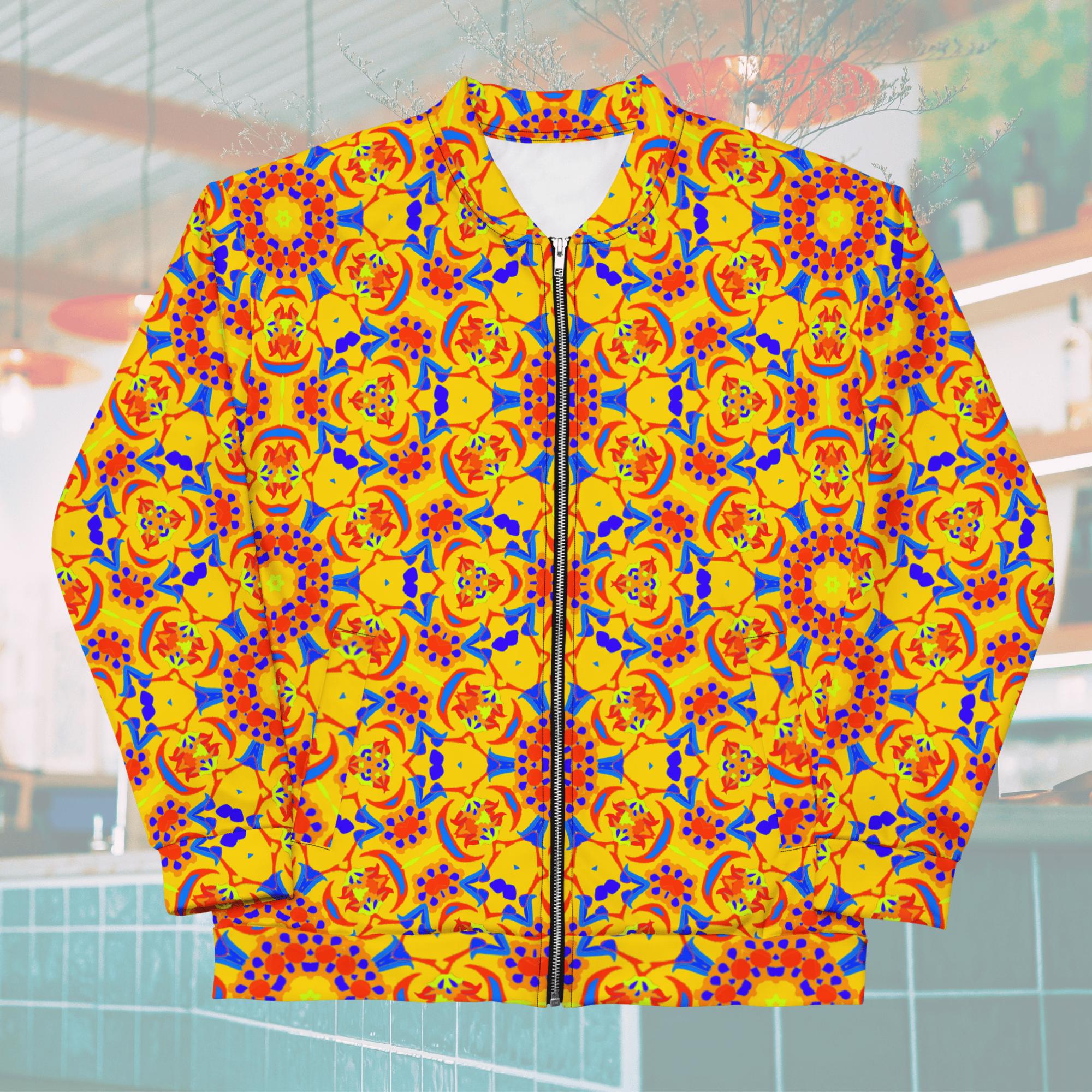Designer Bomber Jacket, Bold Geometric Print, Unisex Streetwear Varsity Style