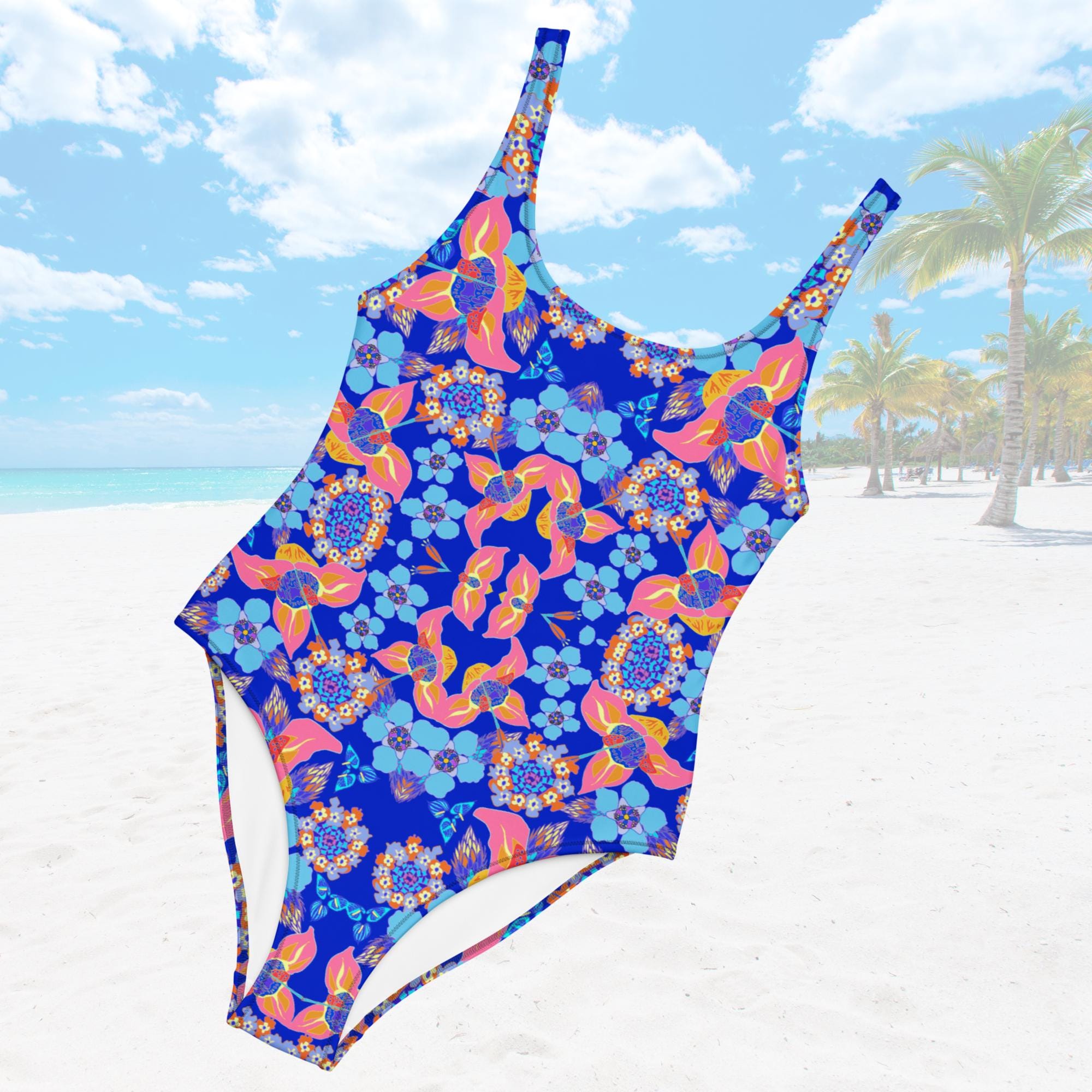 Custom Blue Floral One Piece Swimsuit, Kaleidoscope Botanical Print Bathing Suit (Resort Swimwear)