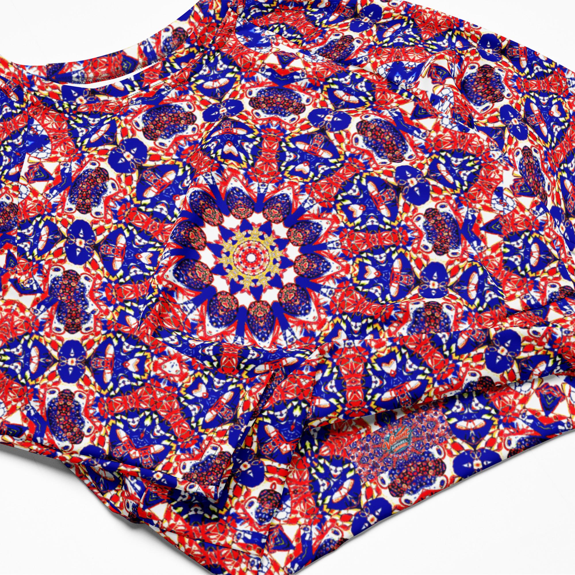 Long sleeve crop top, bold mandala print, stretchy fitted tee