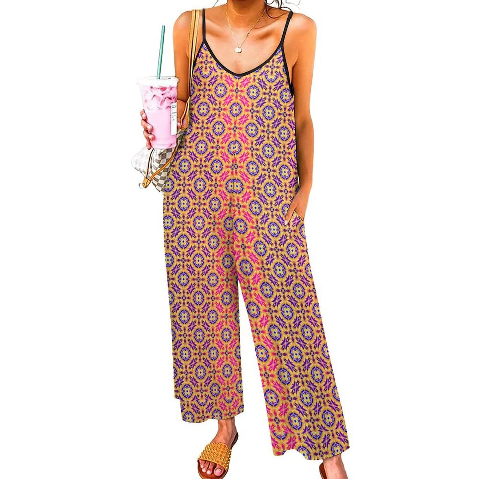 Boho Print Jumpsuit, Wide Leg, Adjustable Straps, Boho Clothing, Summer Romper