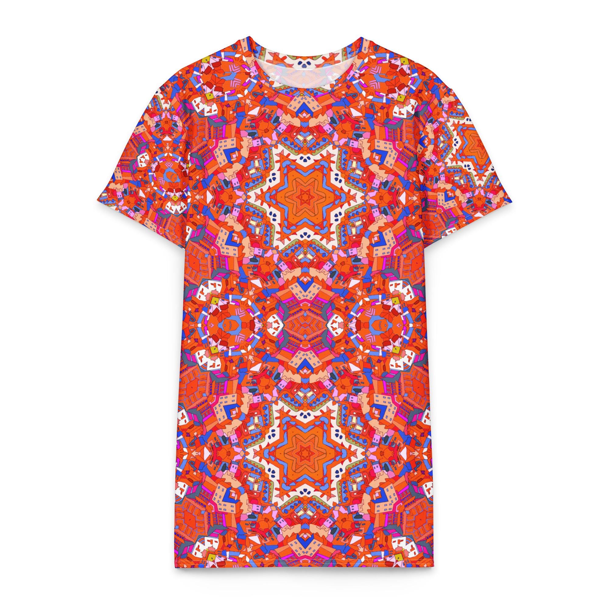 T-Shirt Dress | Red Coral Print | Vibrant Boho Mini Dress | Casual Summer Streetwear
