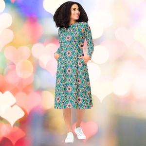 Persian Floral Midi Dress with Pockets, Fit and Flare Long Sleeve Boho Dress