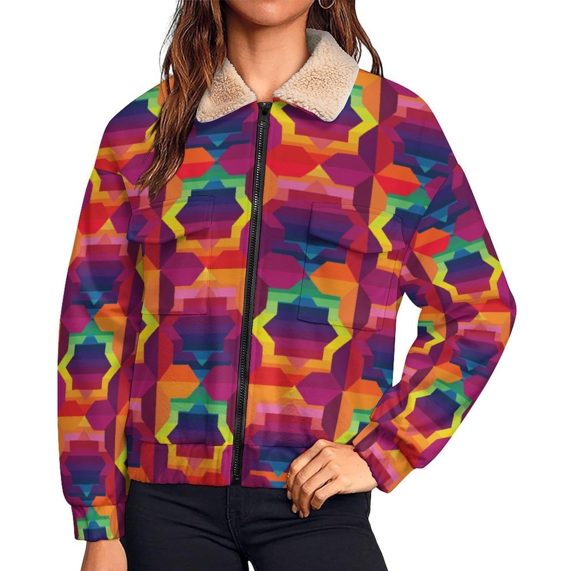 Colorful fleece jacket, sherpa collar, zip front, geometric print | Moroccan Pattern | Vibrant Apparel NZ