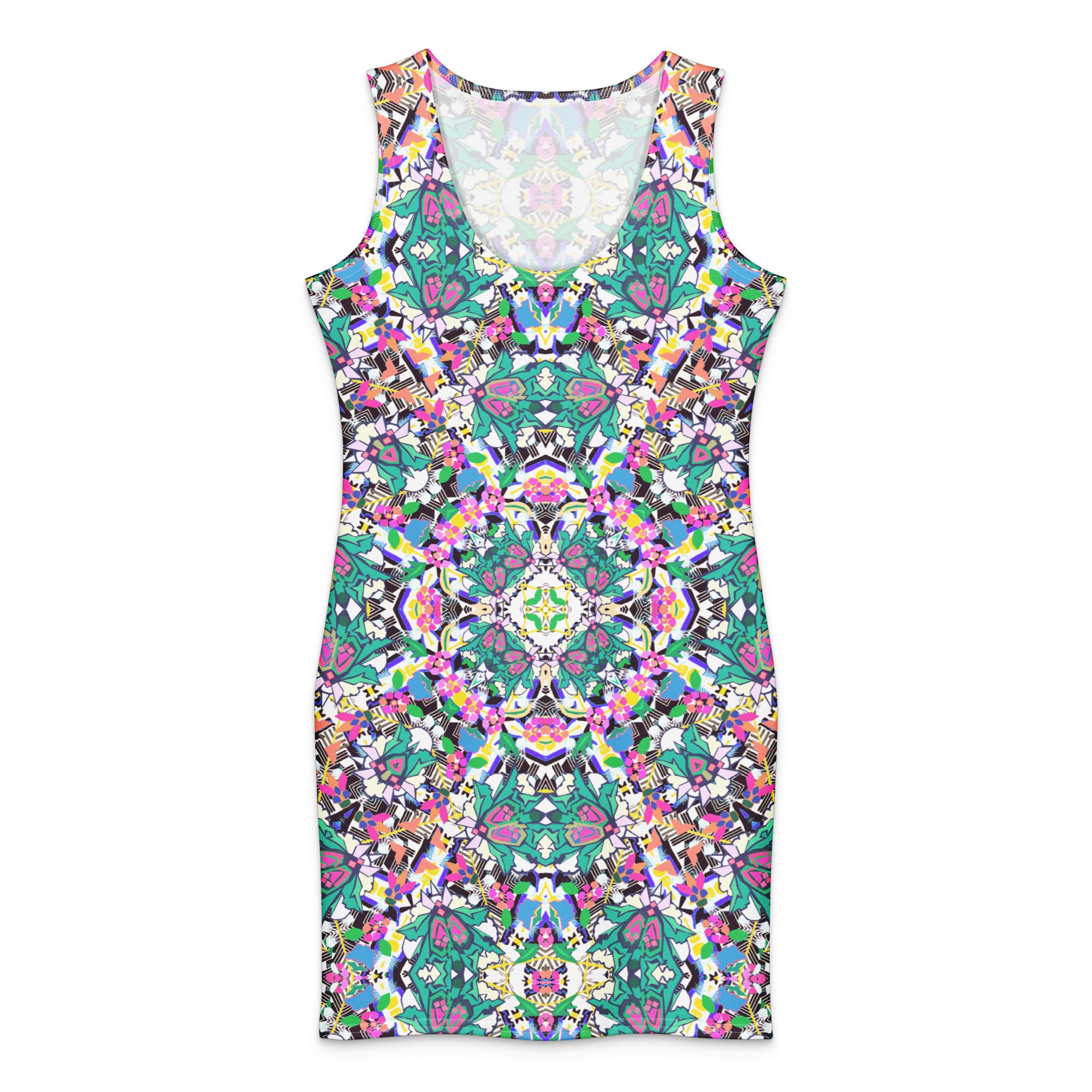 Kaleidoscope Print bodycon dress, colorful cotton mini, festival sundress