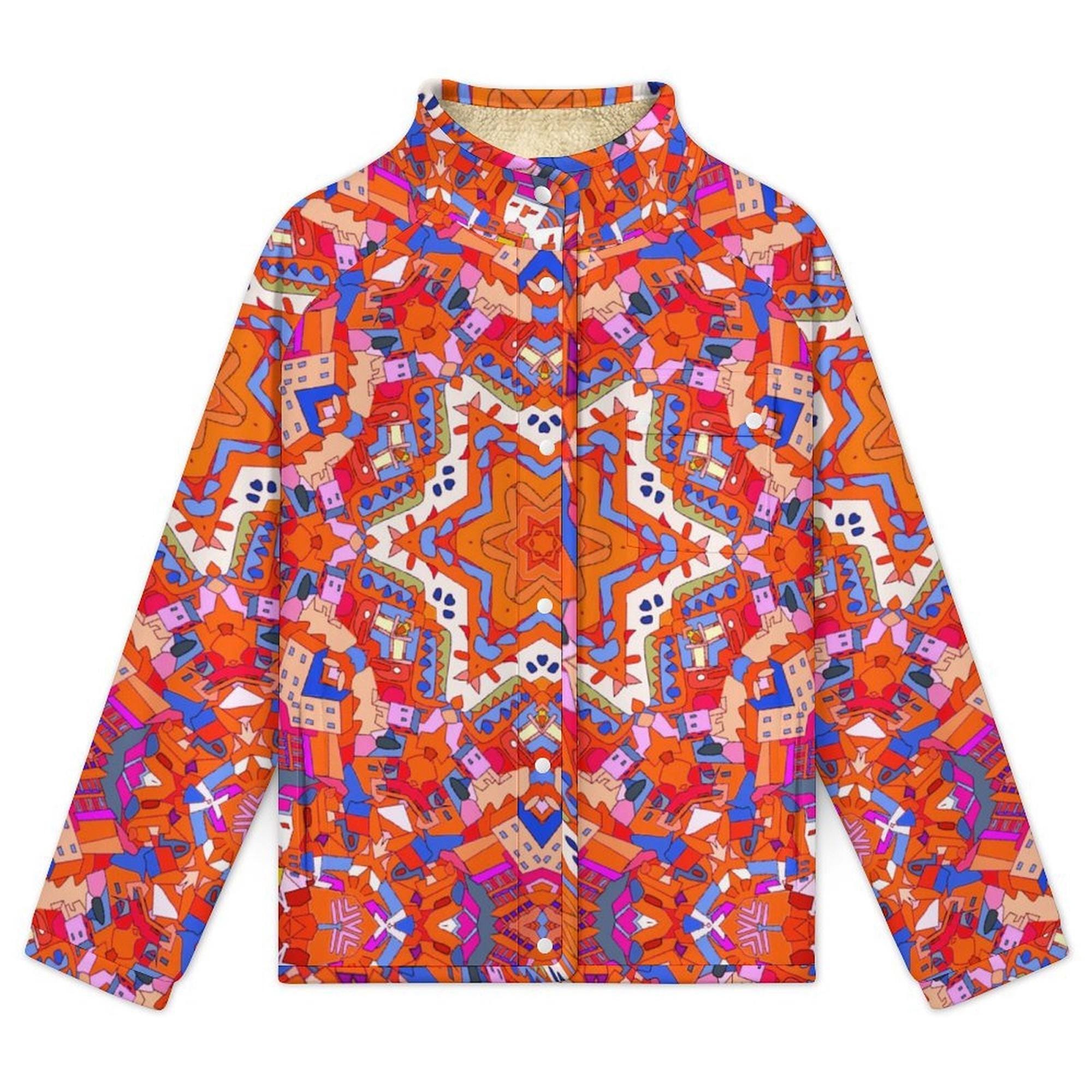 Women's fleece jacket, bold geometric print, cozy sherpa lining, zip front