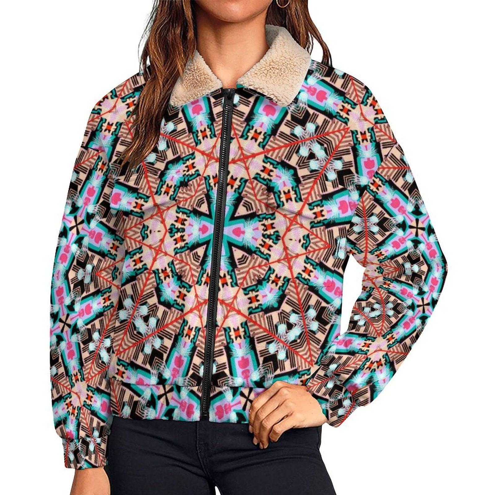 Colorful fleece jacket, sherpa collar, zip front, geometric print | Moroccan Pattern | Vibrant Apparel NZ