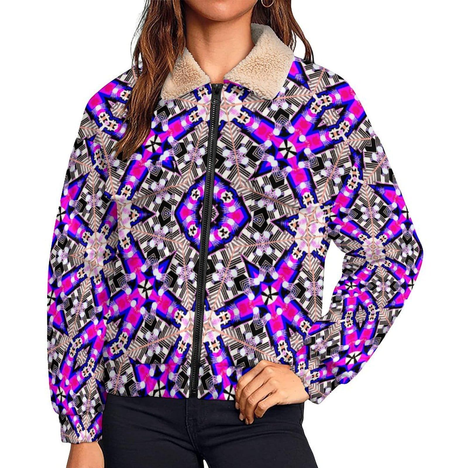 Colorful fleece jacket, sherpa collar, zip front, geometric print | Moroccan Pattern | Vibrant Apparel NZ