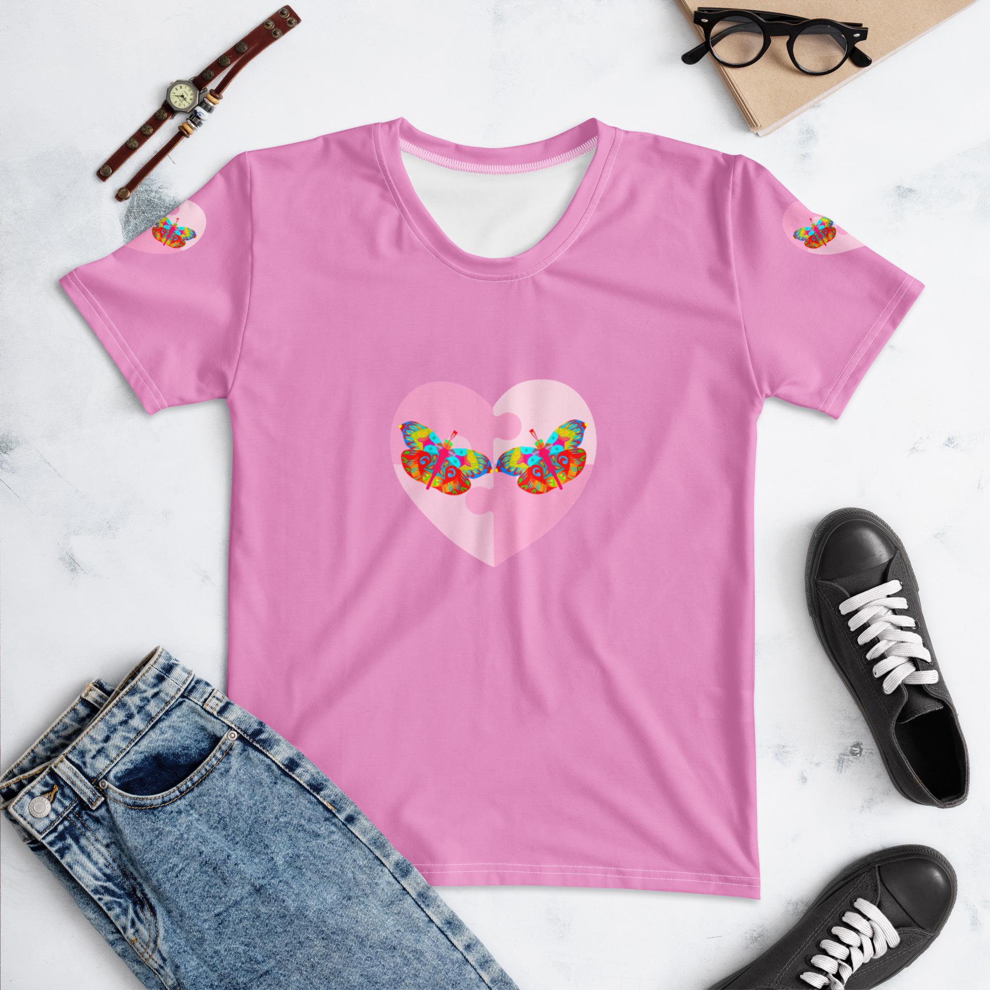 Pink Butterfly Heart T-Shirt, Colorful Graphic Tee for Women