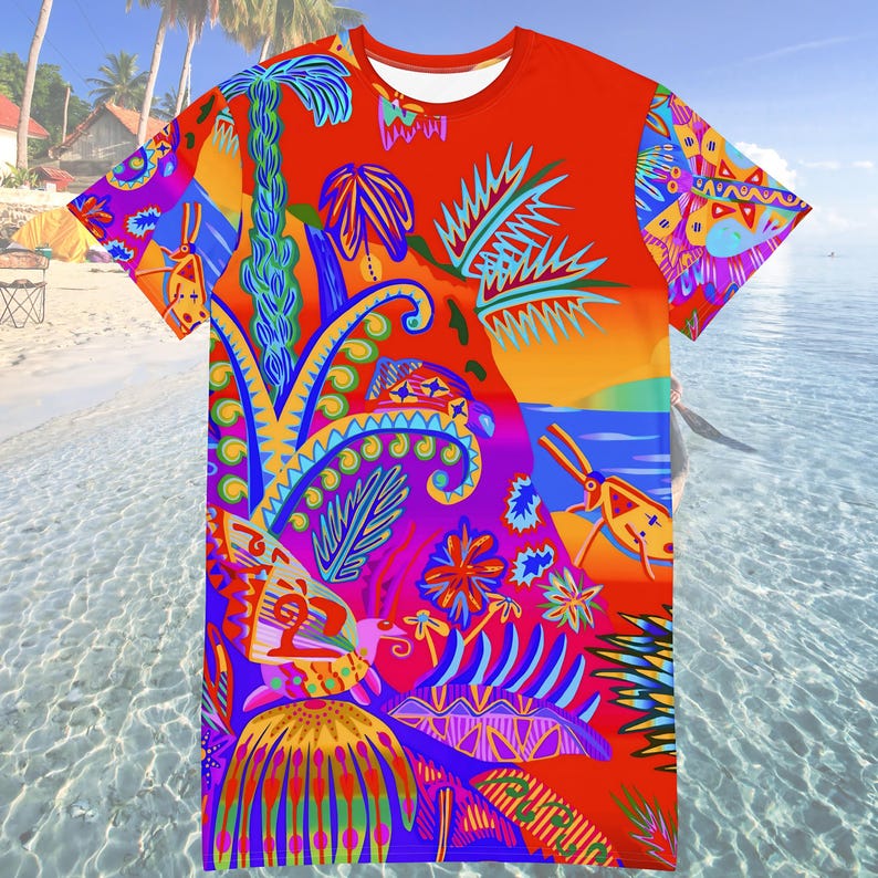 Tropical Psychedelic All-Over Print T-Shirt Dress