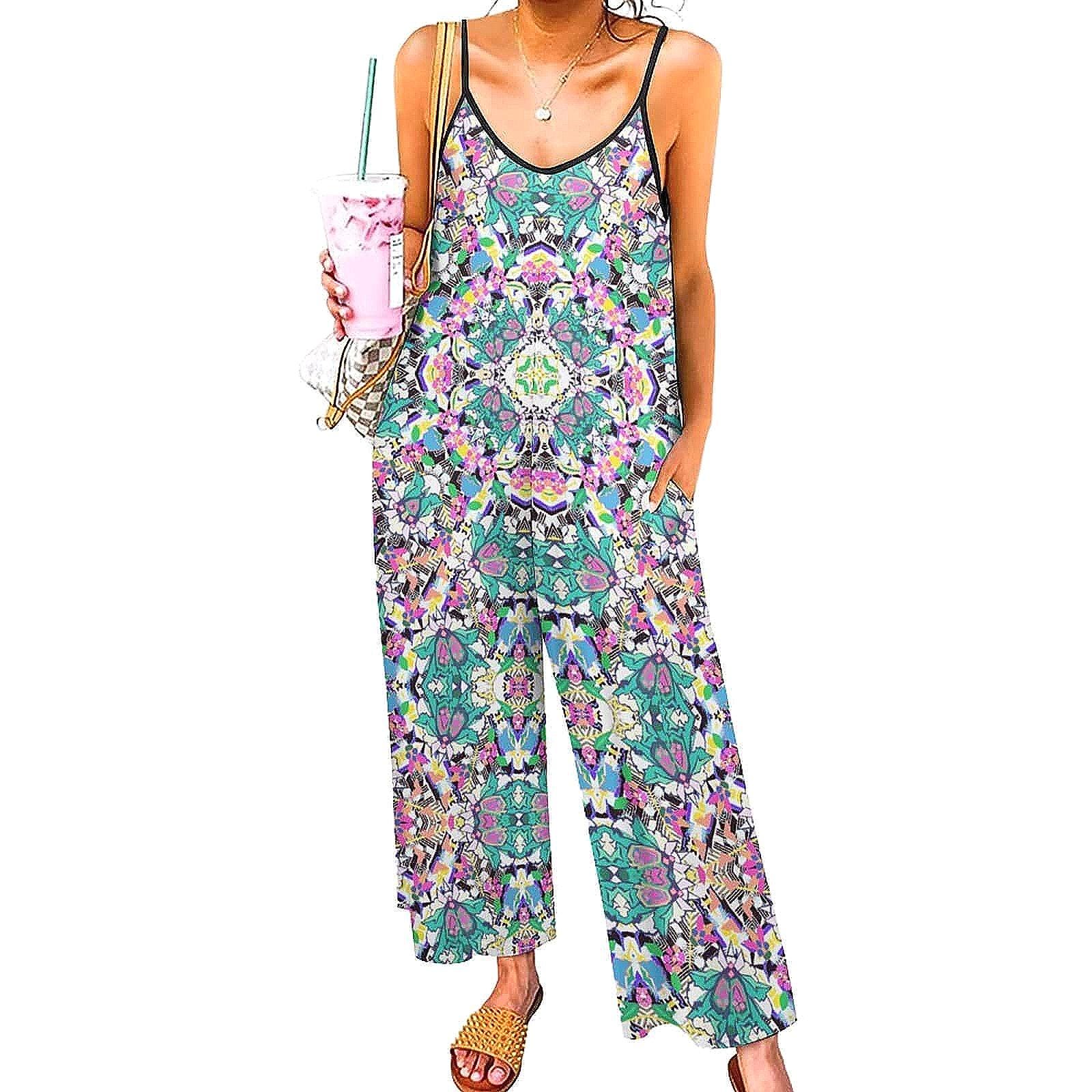 Boho Print Jumpsuit, Wide Leg, Adjustable Straps, Summer Festival Romper, Bohemian Clothing