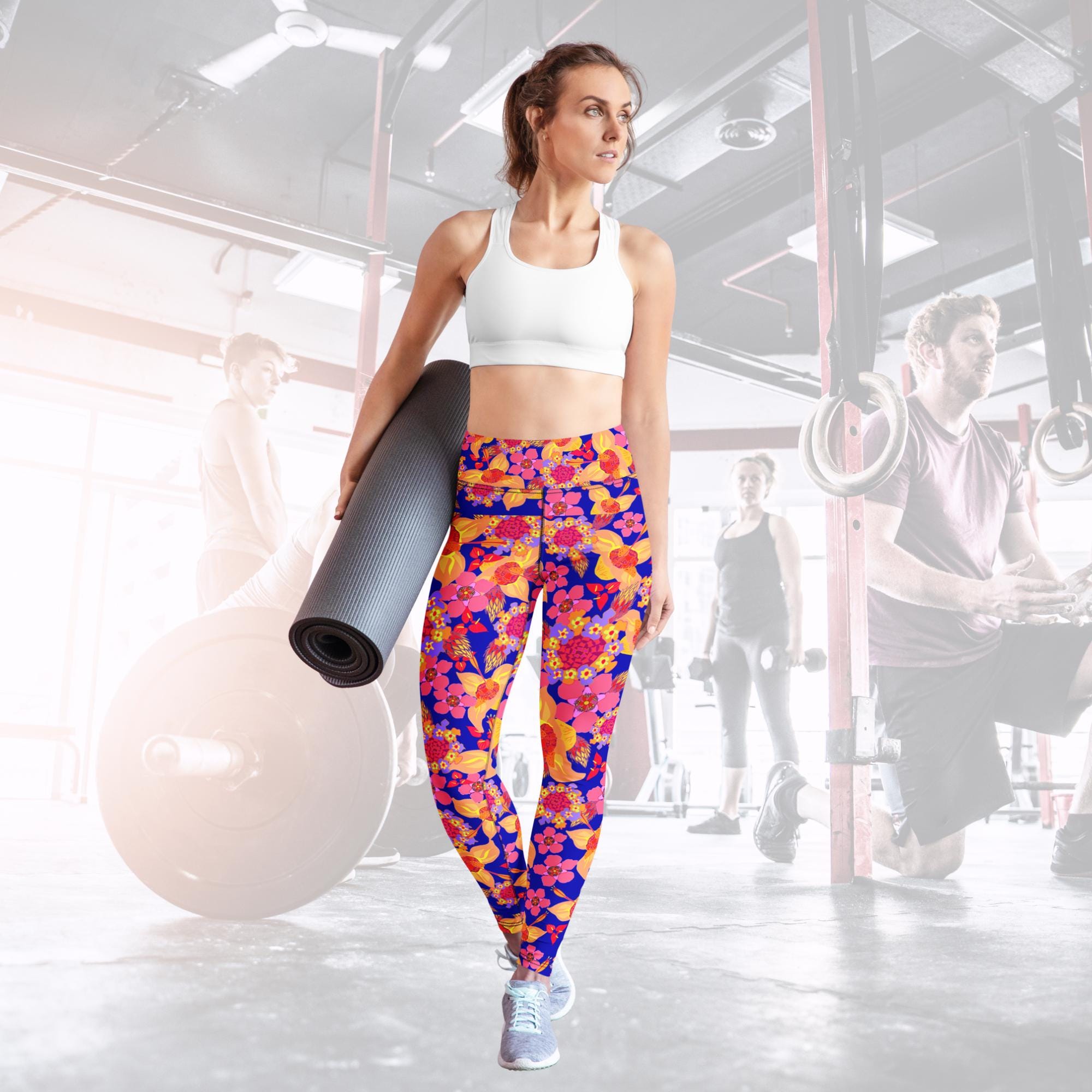 Floral yoga pants, high waist leggings, vibrant print workout tights, floral activewear