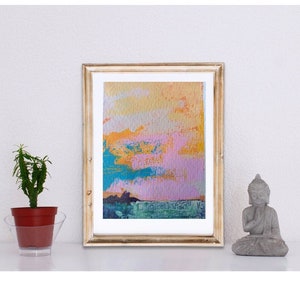 Tramonto impressionista colorato: Acrilico su carta. Piccolo regalo d'atmosfera, decorazione d'interni per parete. Regalo di lusso con paesaggio