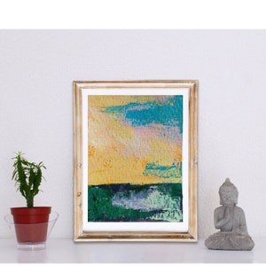 Tramonto impressionista colorato: Acrilico su carta. Piccolo regalo d'atmosfera, decorazione d'interni per parete. Regalo di lusso con paesaggio
