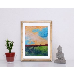 Tramonto impressionista colorato: Acrilico su carta. Piccolo regalo d'atmosfera, decorazione d'interni per parete. Regalo di lusso con paesaggio